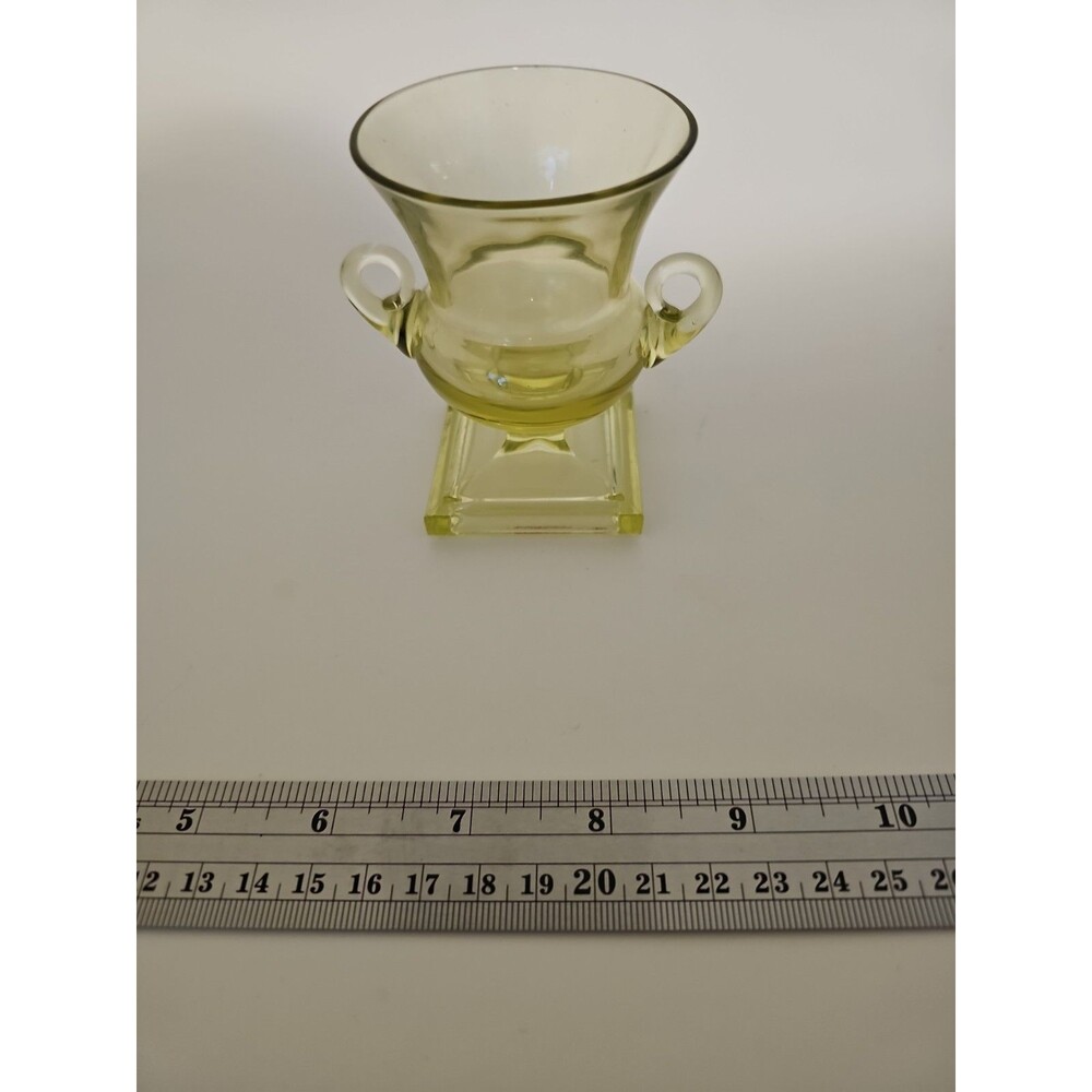 Duncan & Miller 3 ½” Green Glass Grecian Urn Handled Vase/Toothpick Holder